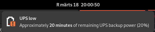Warning notification that pops up once the UPS is running low on power.