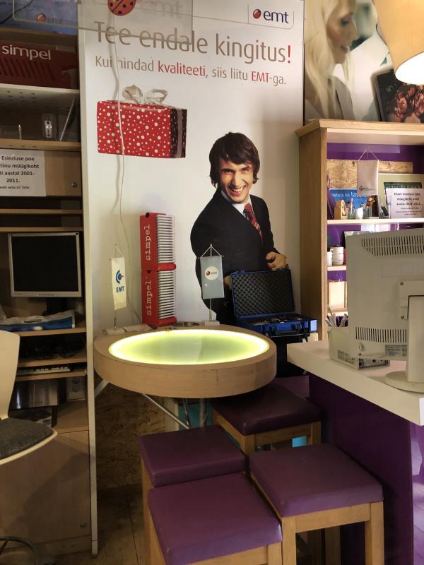 Promotional materials and actual customer support desks that used to belong to EMT (Eesti Mobiiltelefon), a telecom
company that operated since 1991.